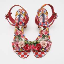 Pre Owned Dolce & Gabbana Multicolor Printed Fabric Crystal Embellished and Flower Ankle Strap Sandals Size 40