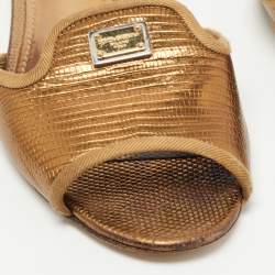Pre Owned Dolce & Gabbana Gold Lizard Embossed Leather Flat Slides Size 36