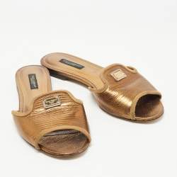 Pre Owned Dolce & Gabbana Gold Lizard Embossed Leather Flat Slides Size 36
