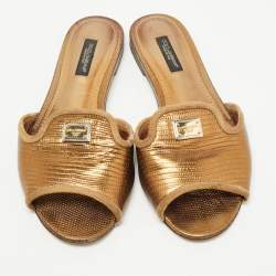 Pre Owned Dolce & Gabbana Gold Lizard Embossed Leather Flat Slides Size 36
