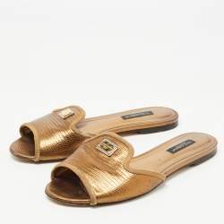 Pre Owned Dolce & Gabbana Gold Lizard Embossed Leather Flat Slides Size 36