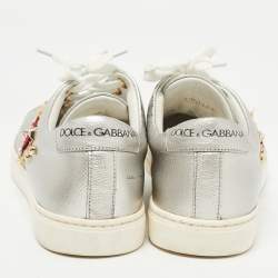 مملوكة مسبقًا Dolce & Gabbana Silver Leather DG Heart Low Top Sneakers Size 36