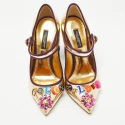 Pre Owned Dolce & Gabbana Gold Leather Embellished Mary Jane Pumps Size 36