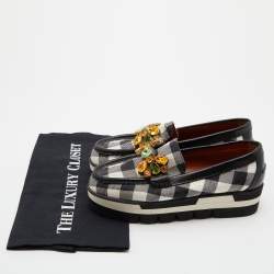 Dolce & Gabbana Black/White Stripe Lurex Fabric and Leather Crystal Embellished Loafers Size 36