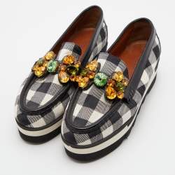 Dolce & Gabbana Black/White Stripe Lurex Fabric and Leather Crystal Embellished Loafers Size 36