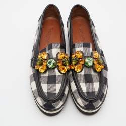 Dolce & Gabbana Black/White Stripe Lurex Fabric and Leather Crystal Embellished Loafers Size 36