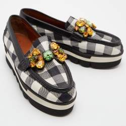 Dolce & Gabbana Black/White Stripe Lurex Fabric and Leather Crystal Embellished Loafers Size 36