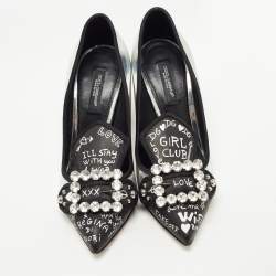Pre Owned Dolce & Gabbana Silver/Black Leather Printed Crystal Embellished Pumps Size 36
