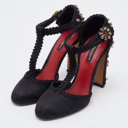 مملوكة مسبقًا  Dolce & Gabbana Black Fabric Crystal Embellished Block Heel Sandals Size 36