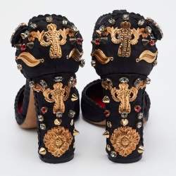 مملوكة مسبقًا  Dolce & Gabbana Black Fabric Crystal Embellished Block Heel Sandals Size 36