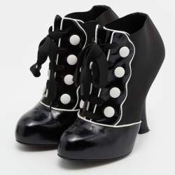 Pre Owned Dolce & Gabbana Black/White Stretch Band and Patent Leather Lace Up Ankle Booties Size 36