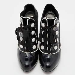 Pre Owned Dolce & Gabbana Black/White Stretch Band and Patent Leather Lace Up Ankle Booties Size 36