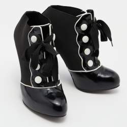 Pre Owned Dolce & Gabbana Black/White Stretch Band and Patent Leather Lace Up Ankle Booties Size 36