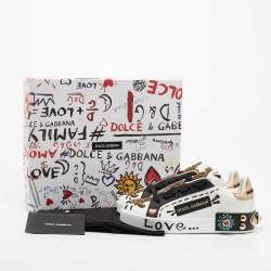 Pre Owned Dolce and Gabbana White/Black Leather Portofin Embellished Low Top Sneakers Size 35.5