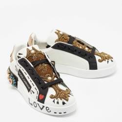 Pre Owned Dolce and Gabbana White/Black Leather Portofin Embellished Low Top Sneakers Size 35.5