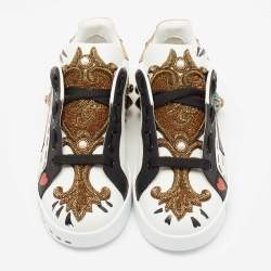Pre Owned Dolce and Gabbana White/Black Leather Portofin Embellished Low Top Sneakers Size 35.5