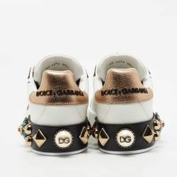 Pre Owned Dolce and Gabbana White/Black Leather Portofin Embellished Low Top Sneakers Size 35.5