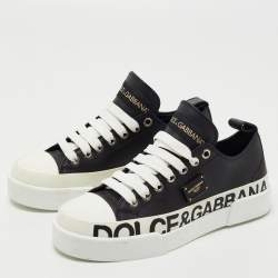 Pre Owned Dolce & Gabbana Black/White Leather Portofino Low Top Sneakers Size 35.5