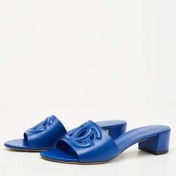 Pre Owned Dolce & Gabbana Blue Leather DG Logo Cutout Slides Size 41