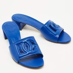 Pre Owned Dolce & Gabbana Blue Leather DG Logo Cutout Slides Size 41