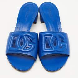 Pre Owned Dolce & Gabbana Blue Leather DG Logo Cutout Slides Size 41
