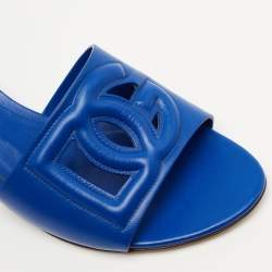 Pre Owned Dolce & Gabbana Blue Leather DG Logo Cutout Slides Size 41