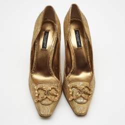 Pre Owned Dolce & Gabbana Gold Brocade Fabric DG Logo Pumps Size 36