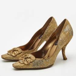Pre Owned Dolce & Gabbana Gold Brocade Fabric DG Logo Pumps Size 36