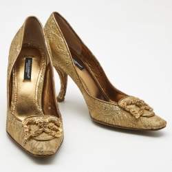 Pre Owned Dolce & Gabbana Gold Brocade Fabric DG Logo Pumps Size 36