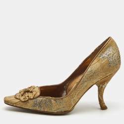Pre Owned Dolce & Gabbana Gold Brocade Fabric DG Logo Pumps Size 36