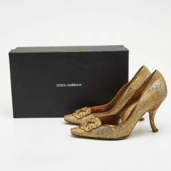 Pre Owned Dolce & Gabbana Gold Brocade Fabric DG Logo Pumps Size 36