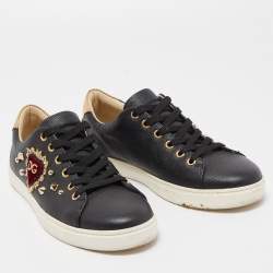 Pre Owned Dolce & Gabbana Black Leather Embellished DG Heart Low Top Sneakers Size 37