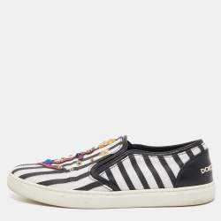 Pre Owned Dolce & Gabbana Black/White Mesh and Leather Studded Anchor Sneakers Size 39