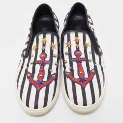 Pre Owned Dolce & Gabbana Black/White Mesh and Leather Studded Anchor Sneakers Size 39