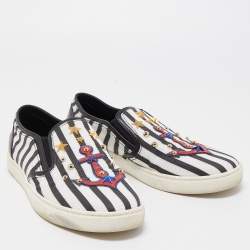 Pre Owned Dolce & Gabbana Black/White Mesh and Leather Studded Anchor Sneakers Size 39