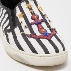 Pre Owned Dolce & Gabbana Black/White Mesh and Leather Studded Anchor Sneakers Size 39