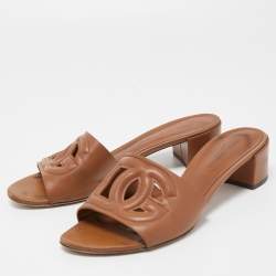 Pre Owned Dolce & Gabbana Tan Leather DG Cut Out Slide Sandals Size 38