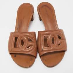 Pre Owned Dolce & Gabbana Tan Leather DG Cut Out Slide Sandals Size 38