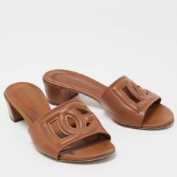 Pre Owned Dolce & Gabbana Tan Leather DG Cut Out Slide Sandals Size 38