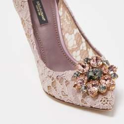 Pre Owned Dolce & Gabbana Pink Lace Crystal Embellished Bellucci Pumps Size 37.5