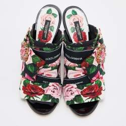Pre Owned Dolce & Gabbana Multicolor Floral Printed Fabric Crystal Embellished Bow Block Heel Sandals Size 39