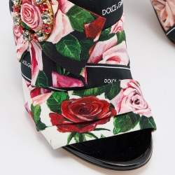 Pre Owned Dolce & Gabbana Multicolor Floral Printed Fabric Crystal Embellished Bow Block Heel Sandals Size 39