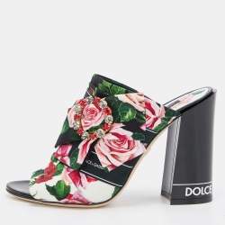Pre Owned Dolce & Gabbana Multicolor Floral Printed Fabric Crystal Embellished Bow Block Heel Sandals Size 39