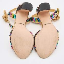 Pre Owned Dolce & Gabbana Multicolor Sequin and Leather Block Heel Ankle Strap Sandals Size 38.5