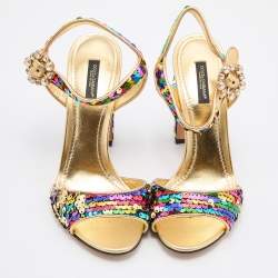 Pre Owned Dolce & Gabbana Multicolor Sequin and Leather Block Heel Ankle Strap Sandals Size 38.5