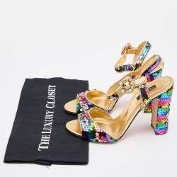 Pre Owned Dolce & Gabbana Multicolor Sequin and Leather Block Heel Ankle Strap Sandals Size 38.5