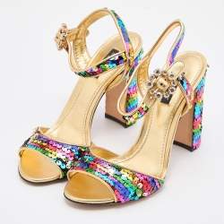 Pre Owned Dolce & Gabbana Multicolor Sequin and Leather Block Heel Ankle Strap Sandals Size 38.5