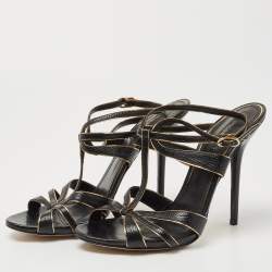 Pre Owned Dolce & Gabbana Black/Gold Lizard Embossed Leather Ankle Strap Sandals Size 41