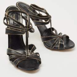 Pre Owned Dolce & Gabbana Black/Gold Lizard Embossed Leather Ankle Strap Sandals Size 41