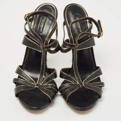 Pre Owned Dolce & Gabbana Black/Gold Lizard Embossed Leather Ankle Strap Sandals Size 41